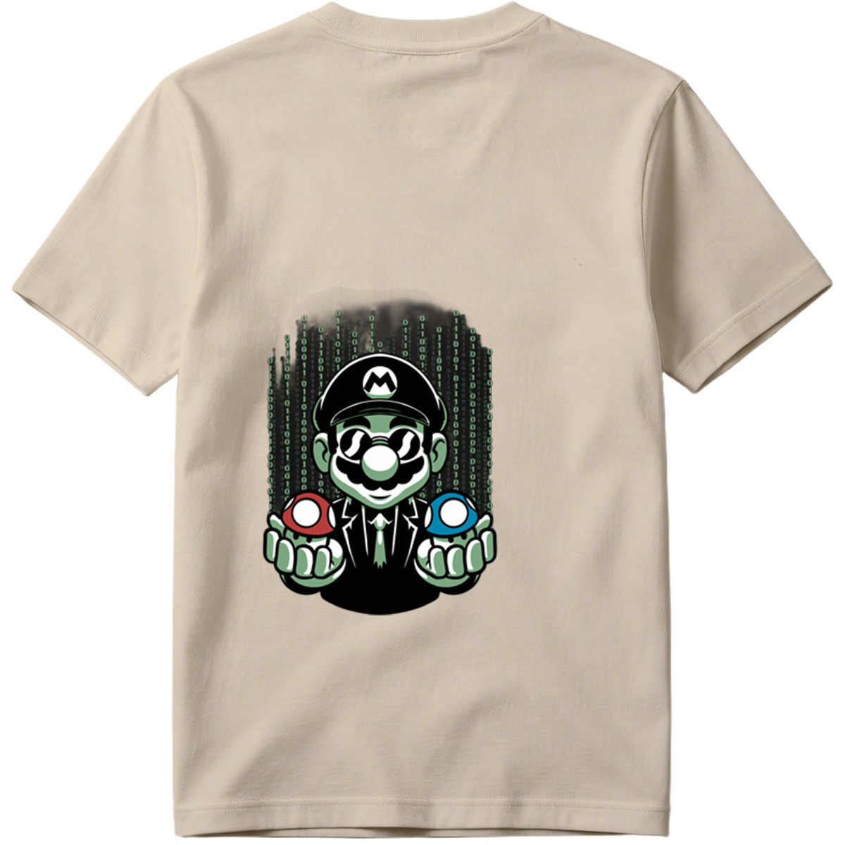 Mario in Matrix Code with Red and Blue Mushrooms - Tee