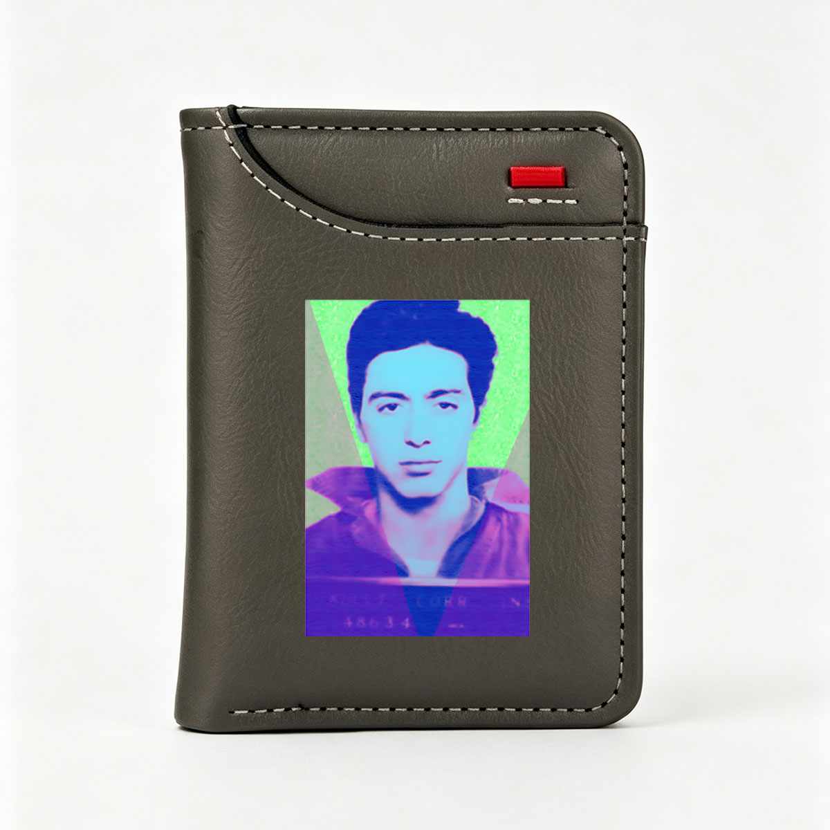A stylized portrait of a man with vibrant, colorful lighting and geometric overlays. - Vertical Style Wallet