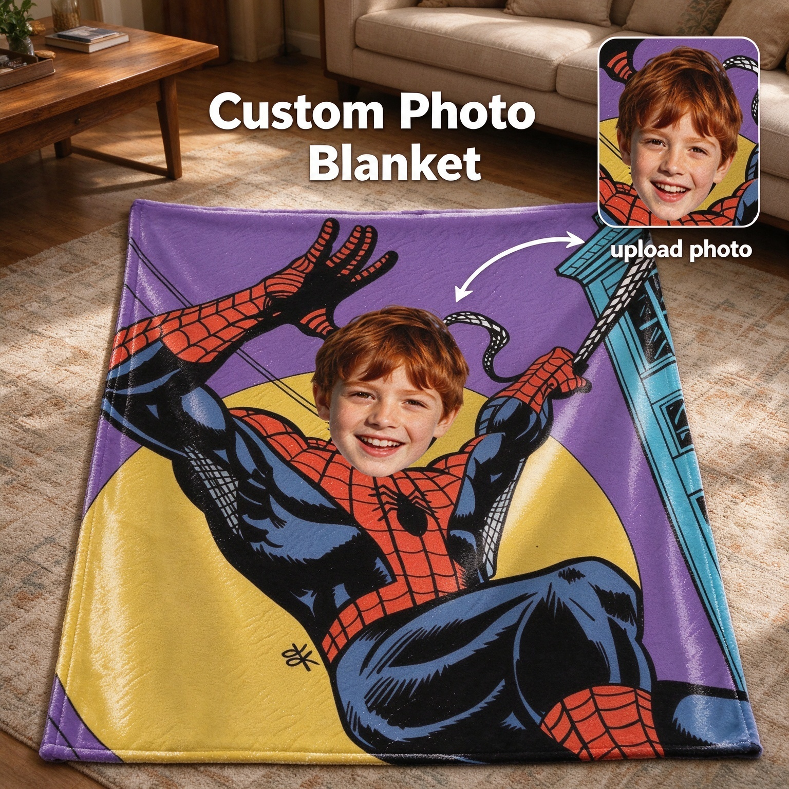 Personalized Face Superhero Flannel Fleece Throw Blanket Custom Photo Comic Character Keepsake Cozy Bed Couch Wrap