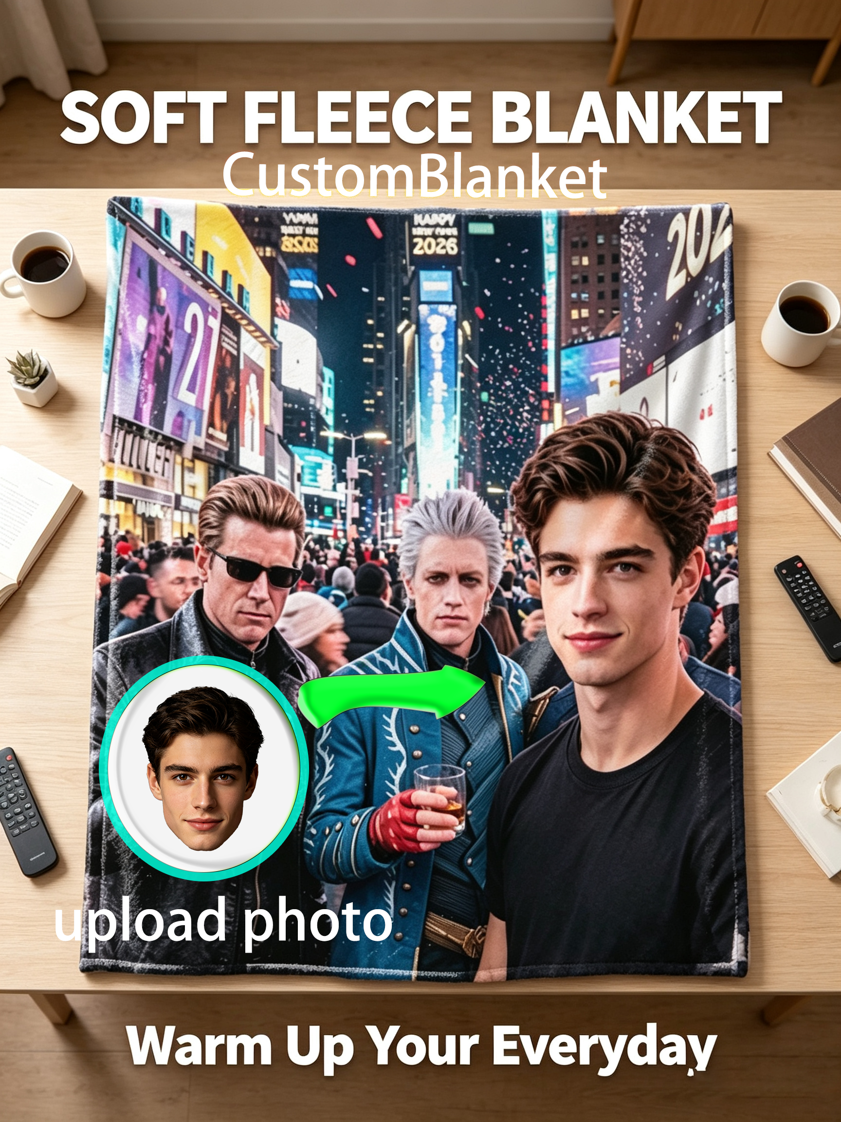 Custom Face Blanket Featuring Times Square New Year's Eve Celebration with Iconic Characters Flannel Blanket Perfect for Cozy Nights and Festive Gifts