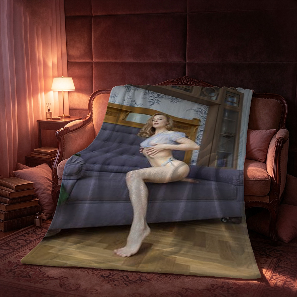 A woman in a light blue ribbed top and white thigh-high stockings sitting in a car backseat with seatbelt. - Blanket
