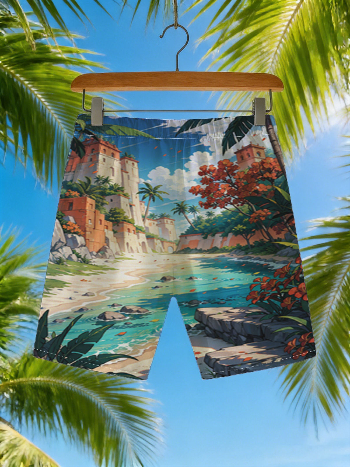 Tropical Beach with Ancient Ruins and Lush Vegetation -  Beach shorts