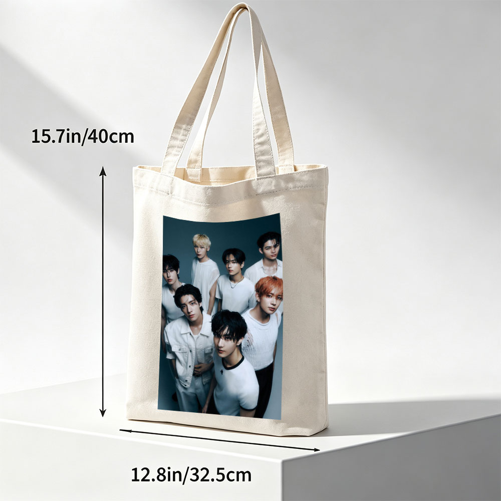 ENHYPEN Group Photo - Seven Members in White Outfits Posed Against Dark Background - Canvas tote bags