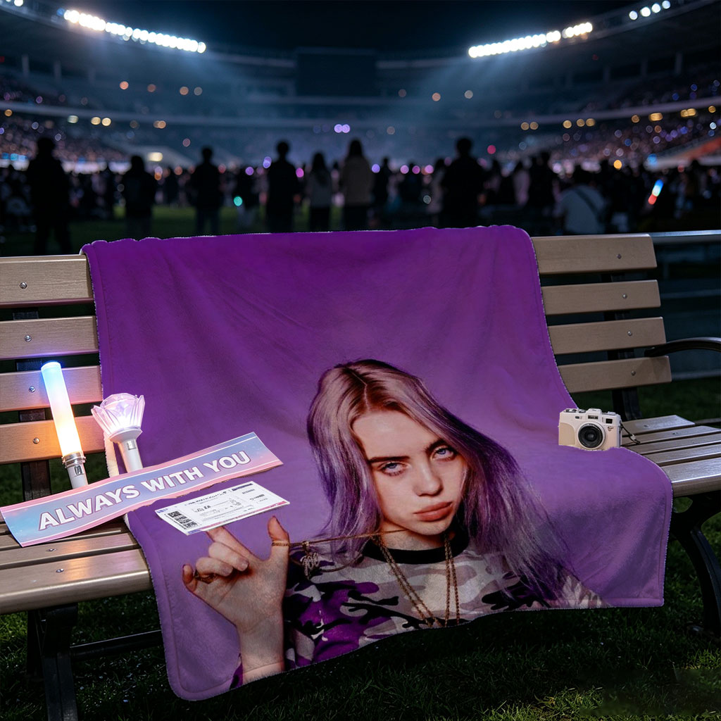 Billie Eilish in Purple Camo Outfit Making Hand Gesture Against Vibrant Background - Blankets