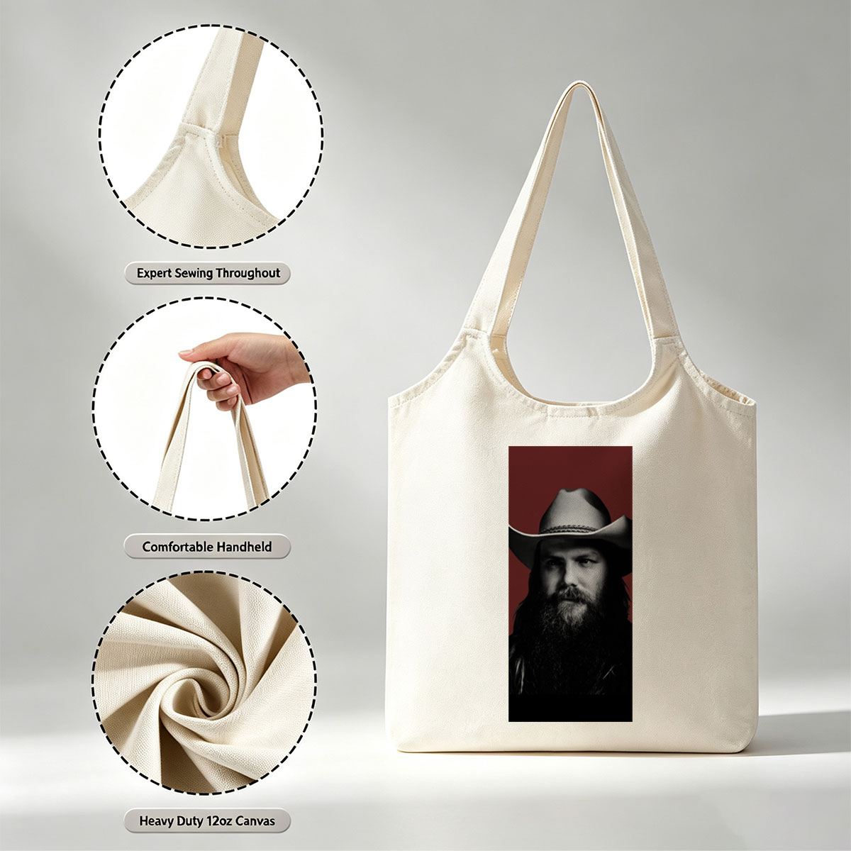 Chris Stapleton in a Cowboy Hat with a Bearded Portrait Against a Red Background - Canvas shoulder bags/