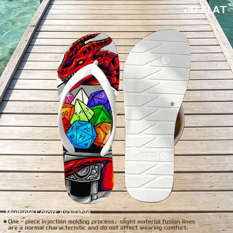 Red Dragon Guarding a Crystal Ball with Colorful Dice -  flip-flops