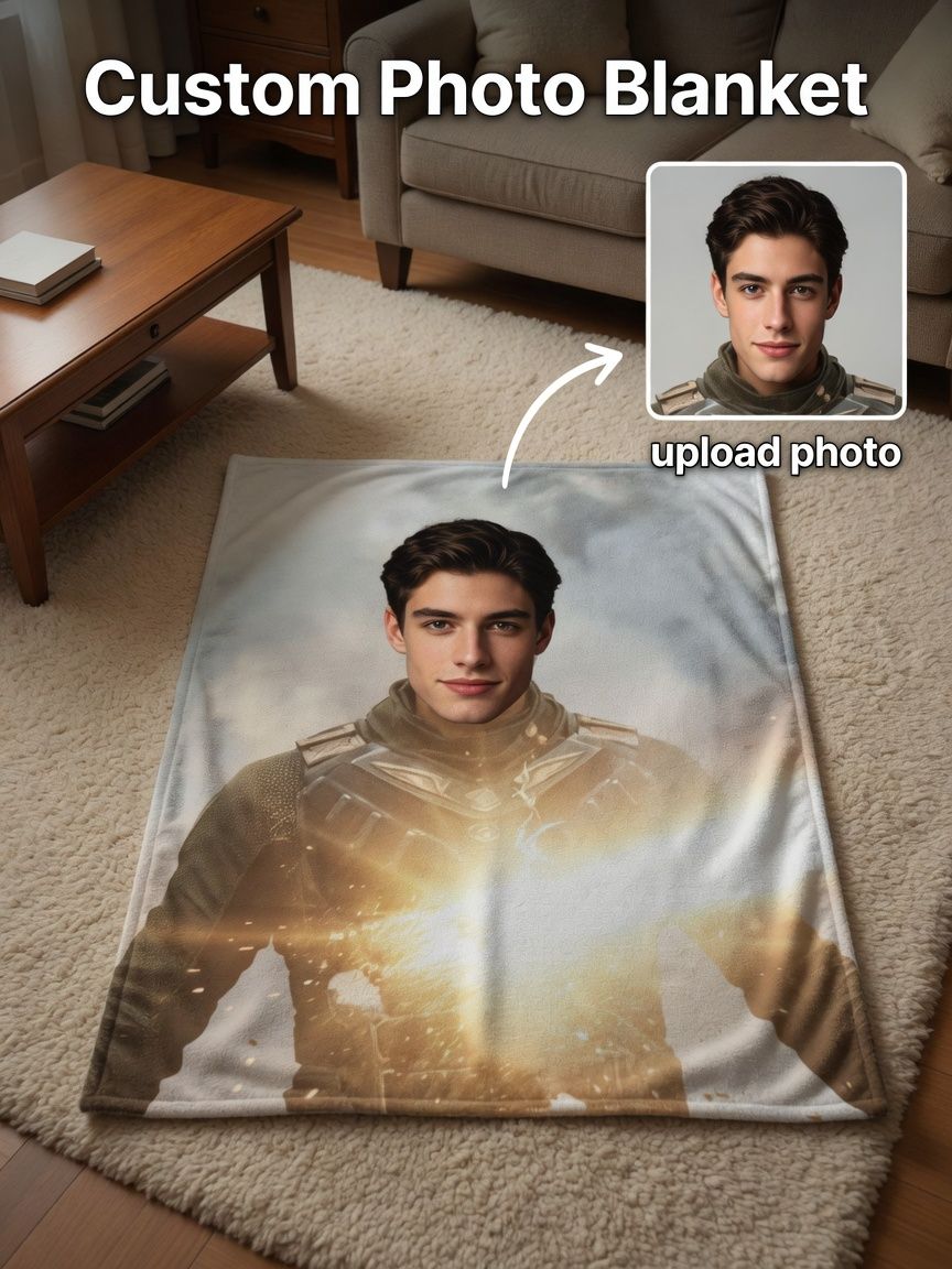 Custom Face Photo Flannel Fleece Blanket, Personalized Superhero Portrait Throw Blanket for Bed Couch Sofa, Unique Gift