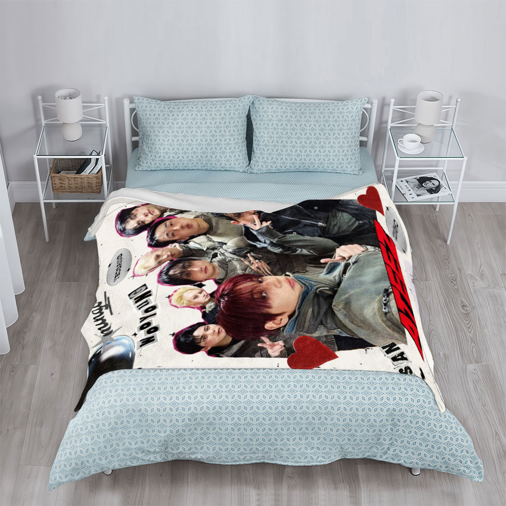 ATEEZ Group Photo Featuring Members in Stylish Outfits with Heart and Name Decorations - Blankets