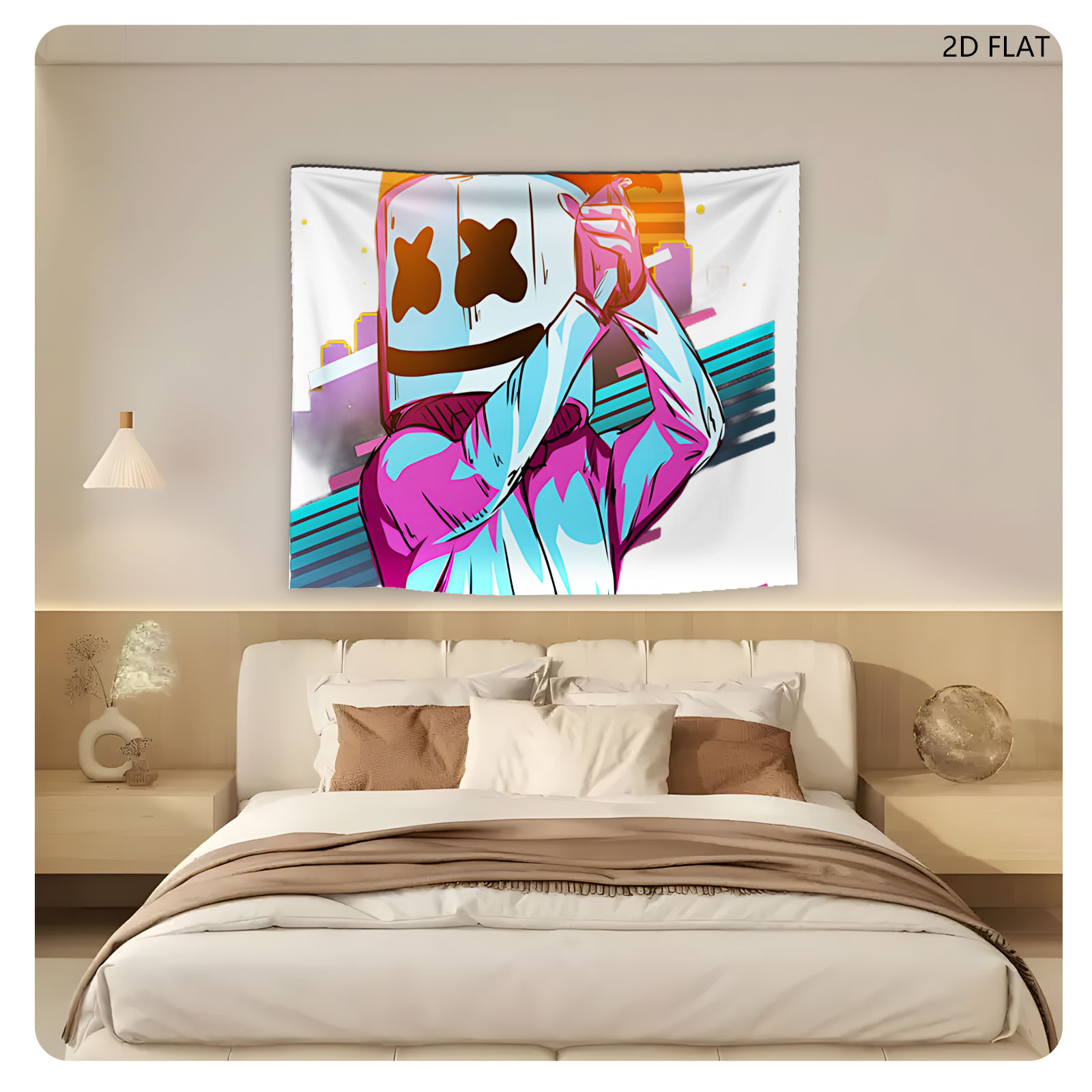 Marshmello in a vibrant neon outfit against a sunset cityscape, holding a phone to his head. - Tapestry
