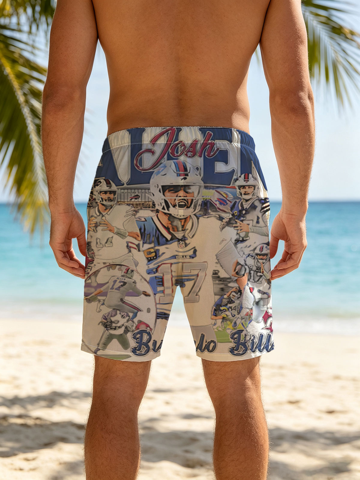 Josh Allen, Buffalo Bills QB #17, NFL Football Star in Action -  Beach shorts