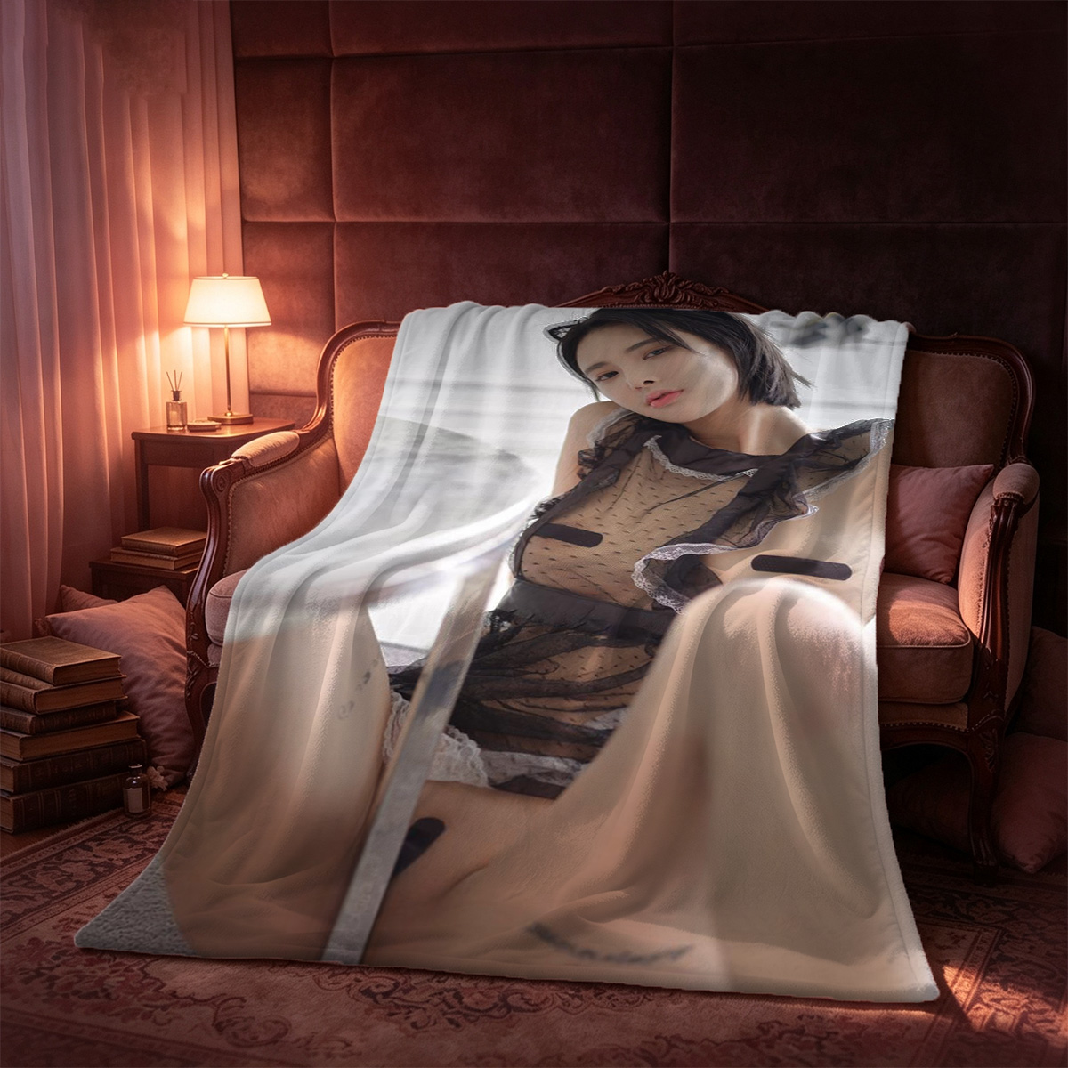 Japanese Maid in Black Lingerie and Fishnet Stockings - Blanket