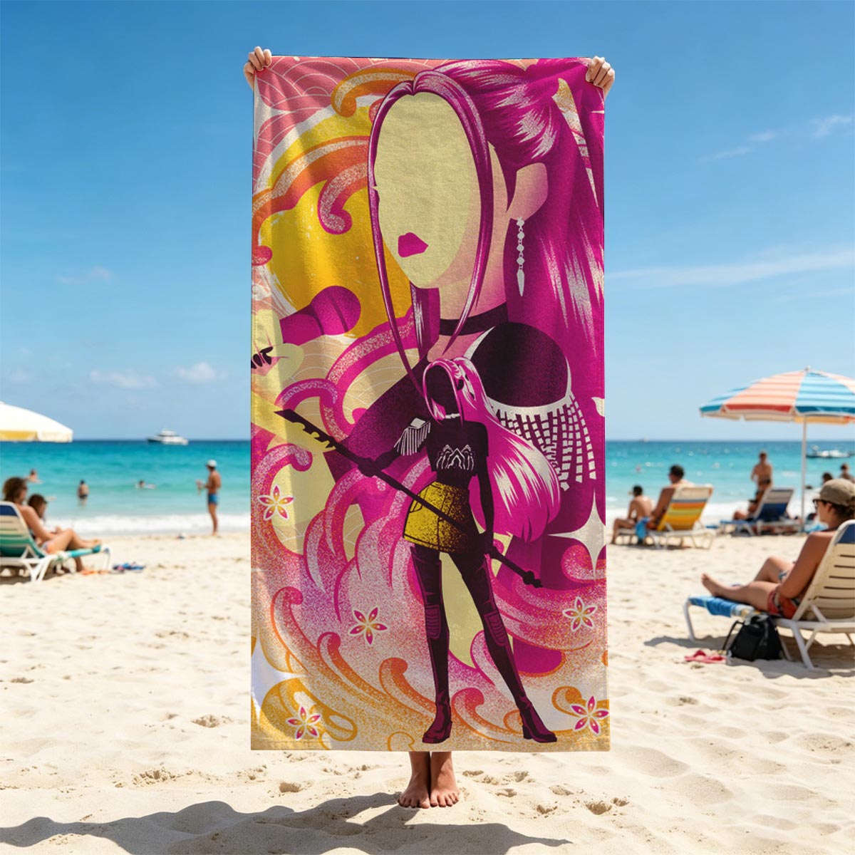 Mira, the Pink-Haired Singer with Microphone and Guitar, in a Vibrant, Stylized Artwork - Beach towels