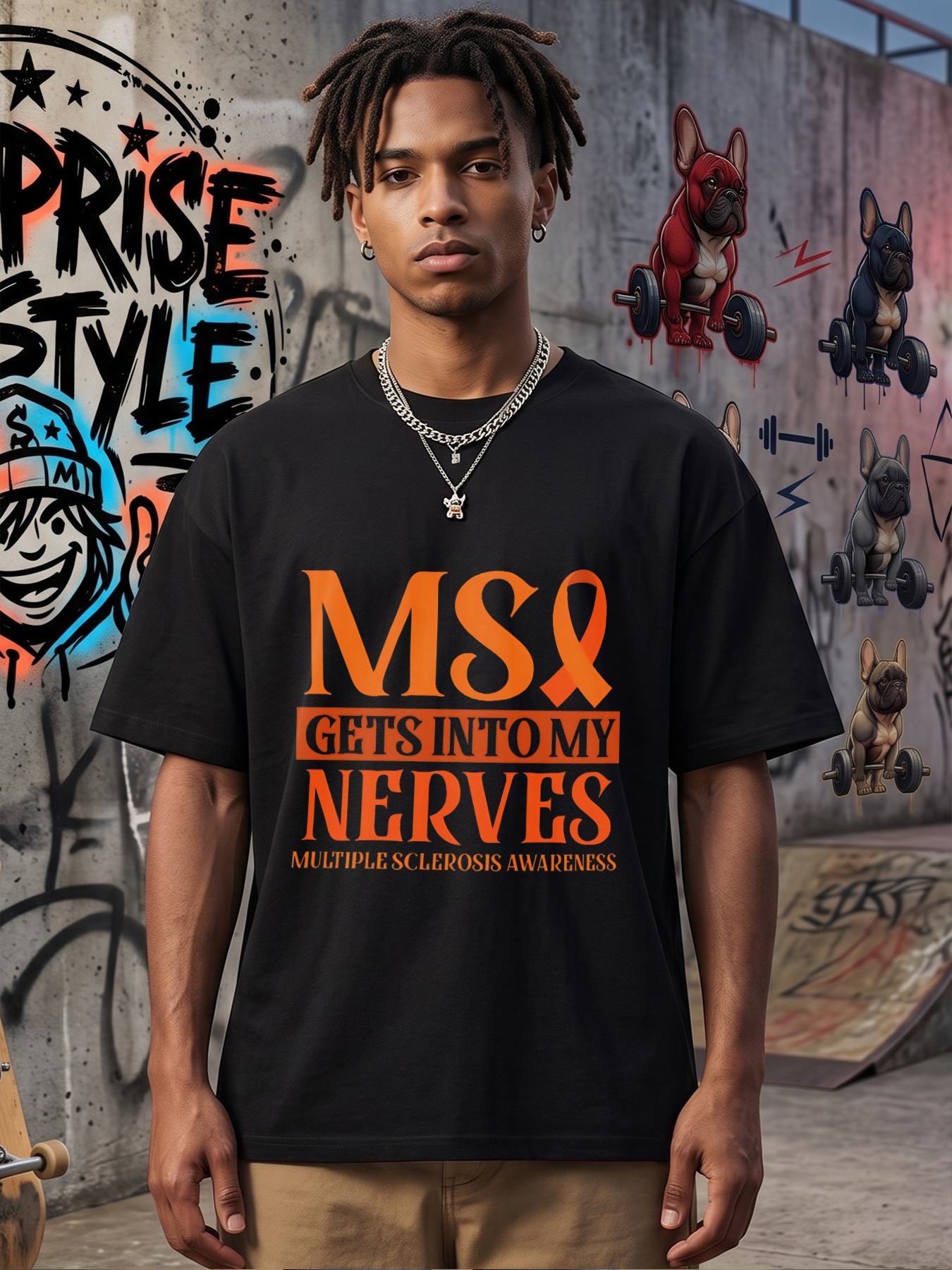 Men's Printed T-Shirt MS Gets Into My Nerves Orange Ribbon Multiple Sclerosis Awareness Casual Round Neck Summer Lightweight Breathable Short Sleeve T-Shirt for Adults with MS Support and Advocacy