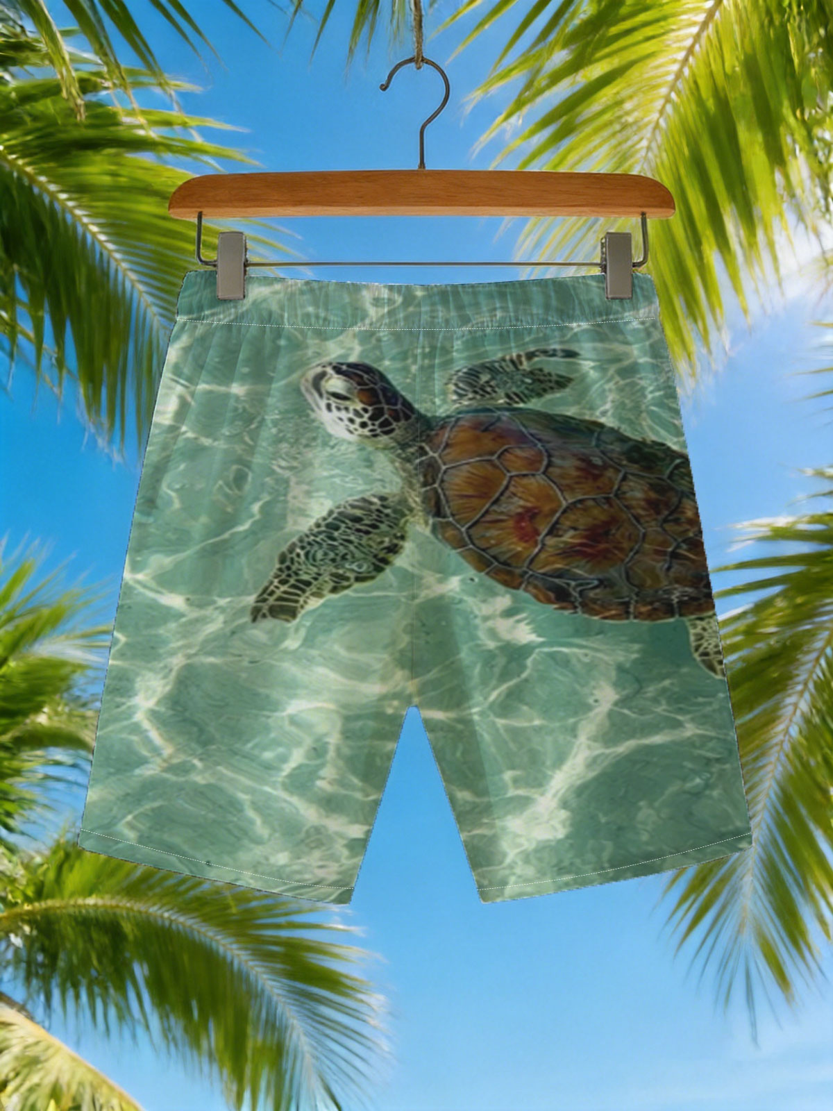 Sea Turtle Swimming in Clear Turquoise Water -  Beach shorts