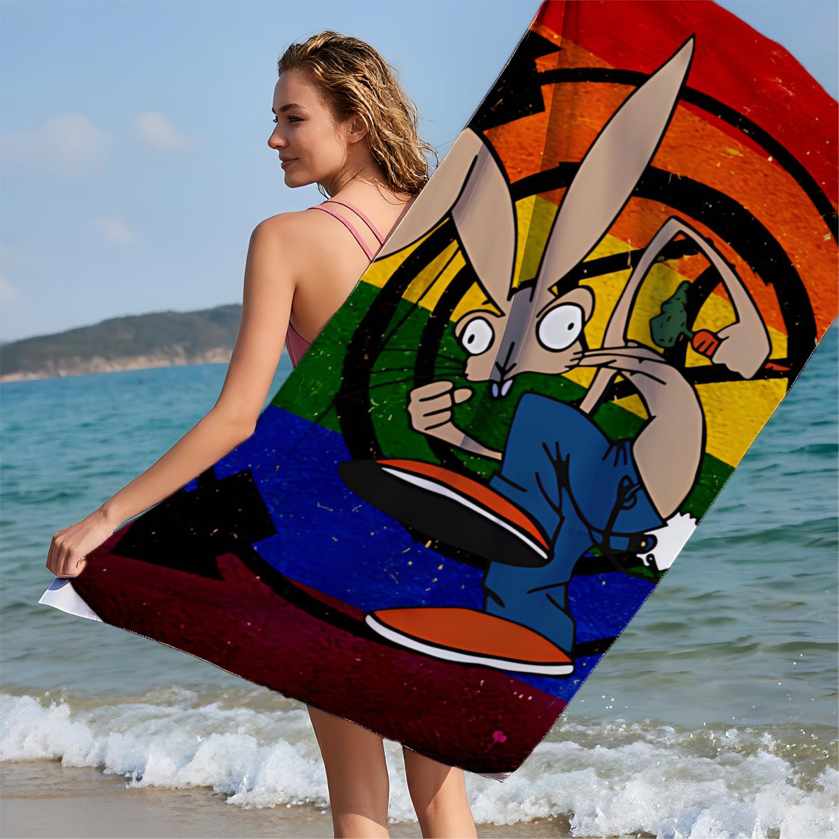 Bugs Bunny in Action: Classic Cartoon Character with Rainbow Background - Beach towels