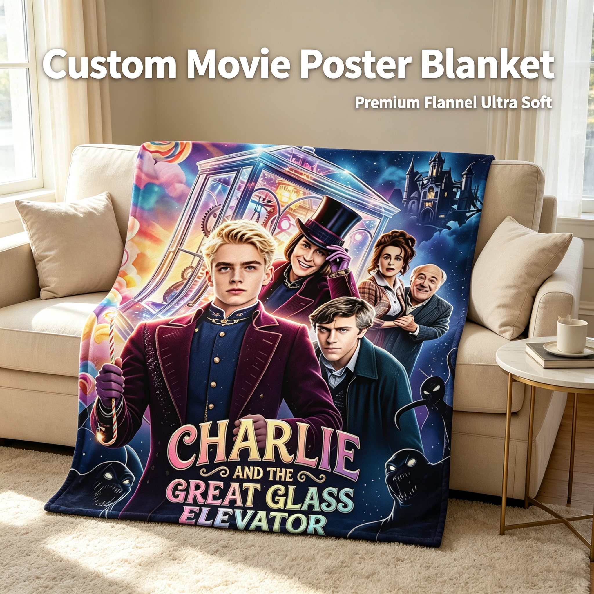 Custom Face Blanket Charlie and the Great Glass Elevator Flannel Blanket Movie-Themed Cozy Throw Perfect for Fans of Johnny Depp and Freddie Highmore Ideal Gift or Giveaway for Kids and Adults