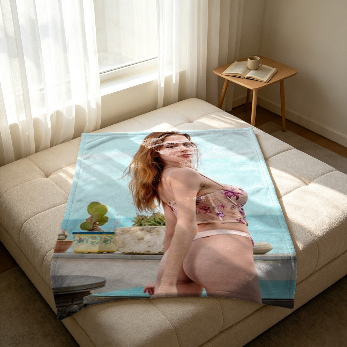 Nude woman with long curly hair holding red roses covering her breasts. - Blanket