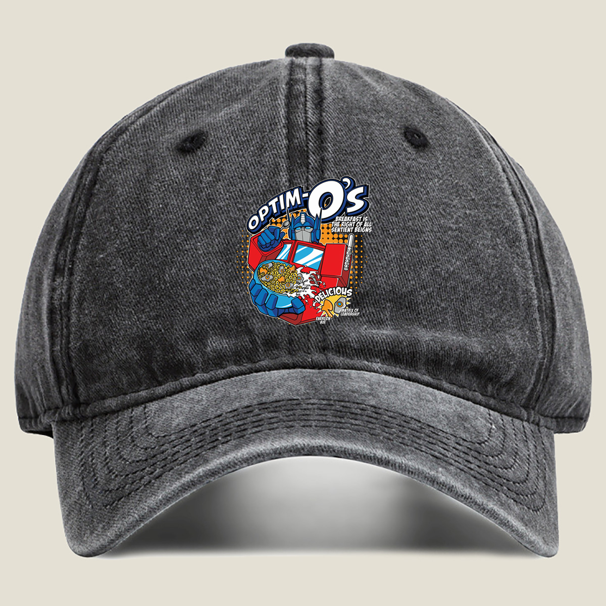 Optim-O's: Transformers Breakfast Cereal Featuring Optimus Prime - Washed Denim - Baseball Cap