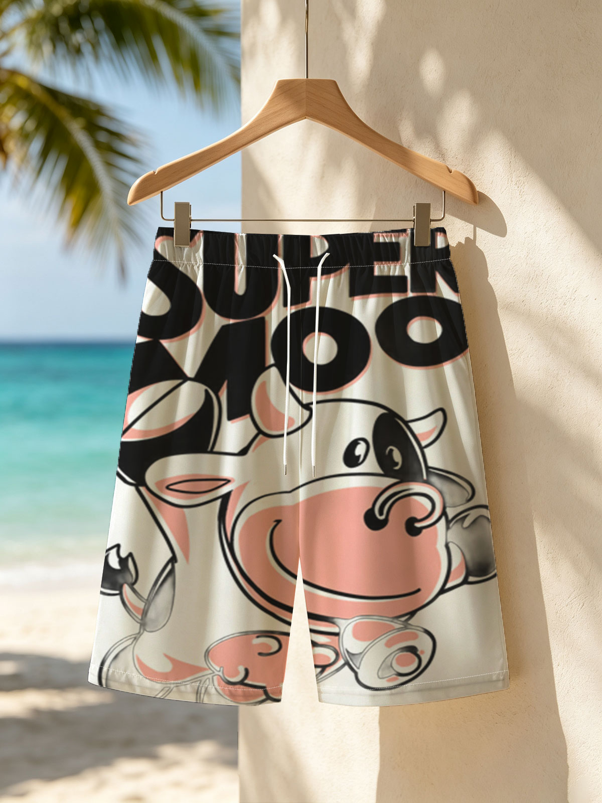 Super Moo: Cartoon Cow Character Design -  Beach shorts