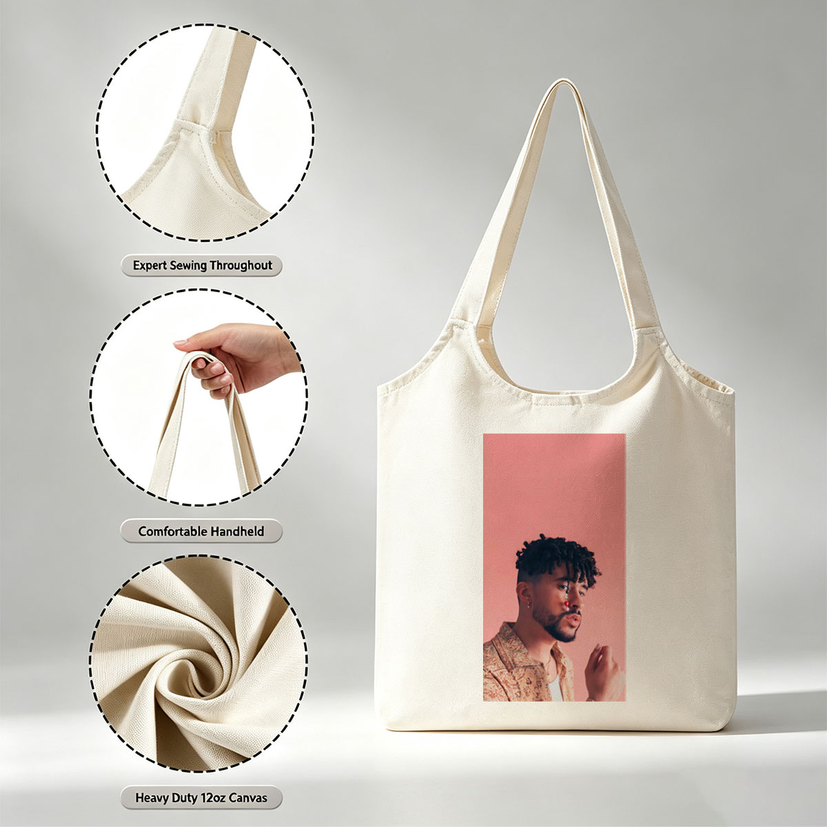 Bad Bunny in a Stylish Pose Against a Pink Background Wearing a Patterned Shirt and Red Nose Jewelry - Canvas shoulder bags/