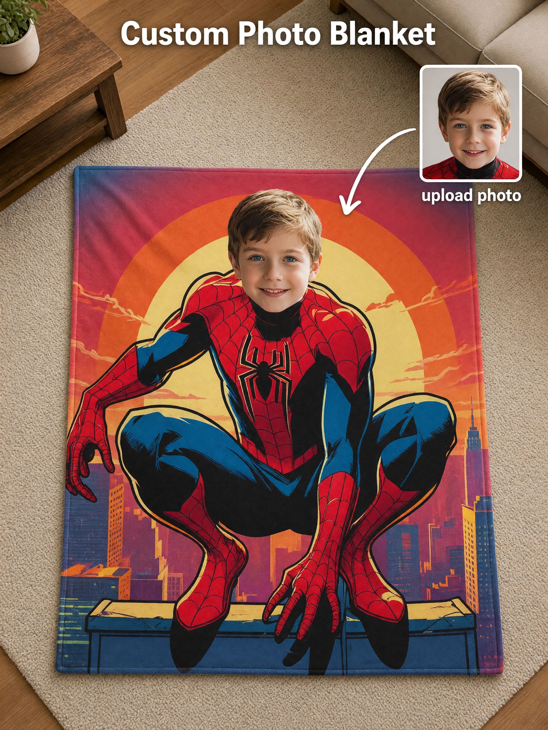Custom Face Superhero Flannel Fleece Blanket Personalized Photo Throw for Kids Adults Cozy Home Couch Bed Gift