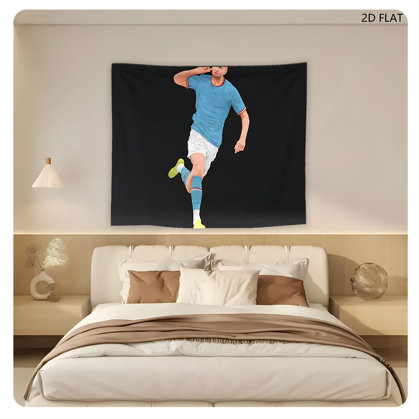 Erling Haaland in Action, Wearing Blue Jersey and White Shorts, Celebrating a Goal with a Finger to the Ear Gesture - Tapestry