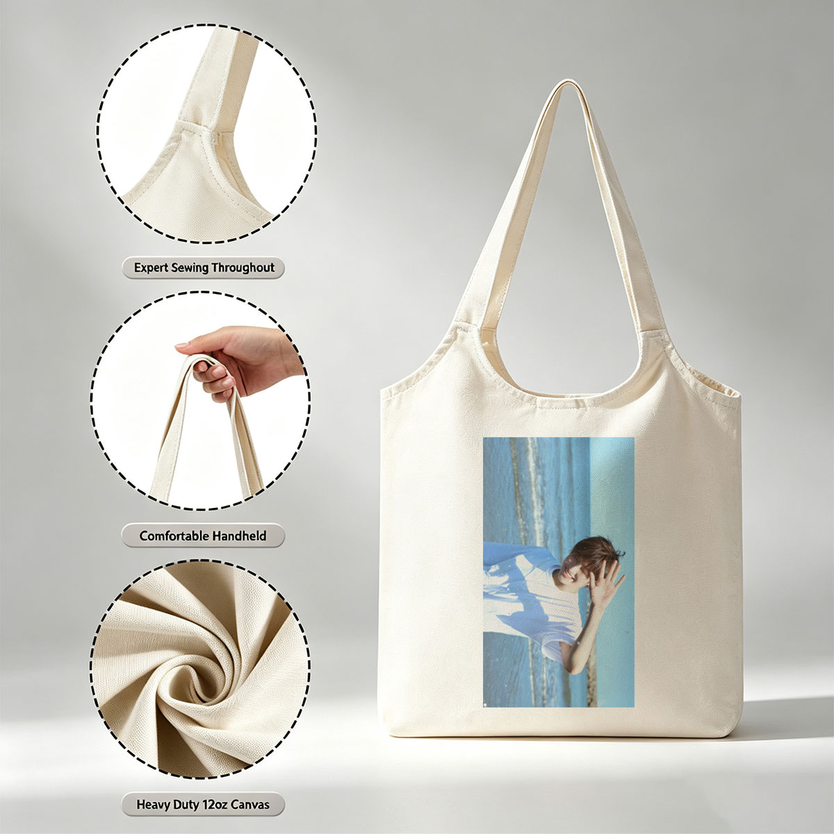 BTS Jungkook Beach Scene Smiling and Waving in White T-Shirt - Canvas shoulder bags/