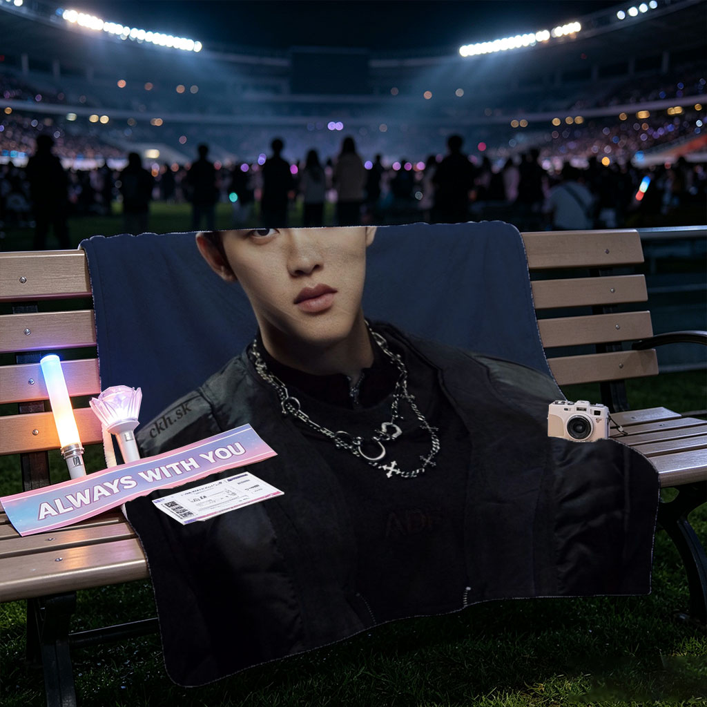 Do Kyung Soo in a Stylish Black Outfit with Layered Necklaces Against a Dark Blue Background - Blankets