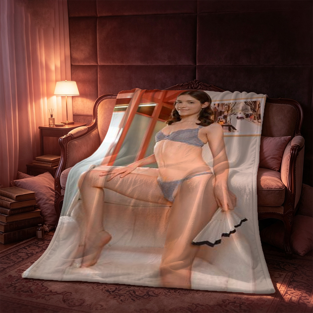 Nude Blonde in Blue Sarong on Wooden Chest - Blanket