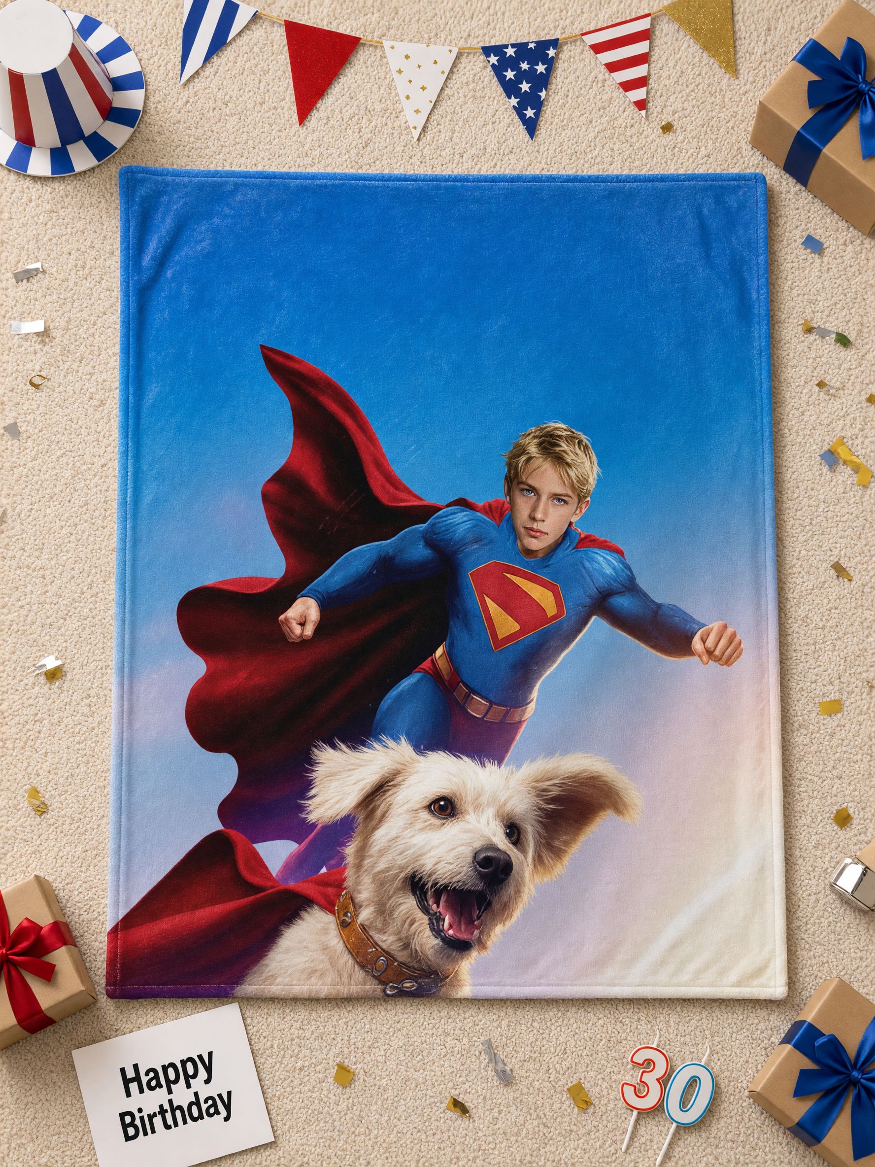 Personalized Superhero Face Photo Blanket Soft Flannel Fleece Throw with Flying Pet Cape Design Ideal Cozy Gift