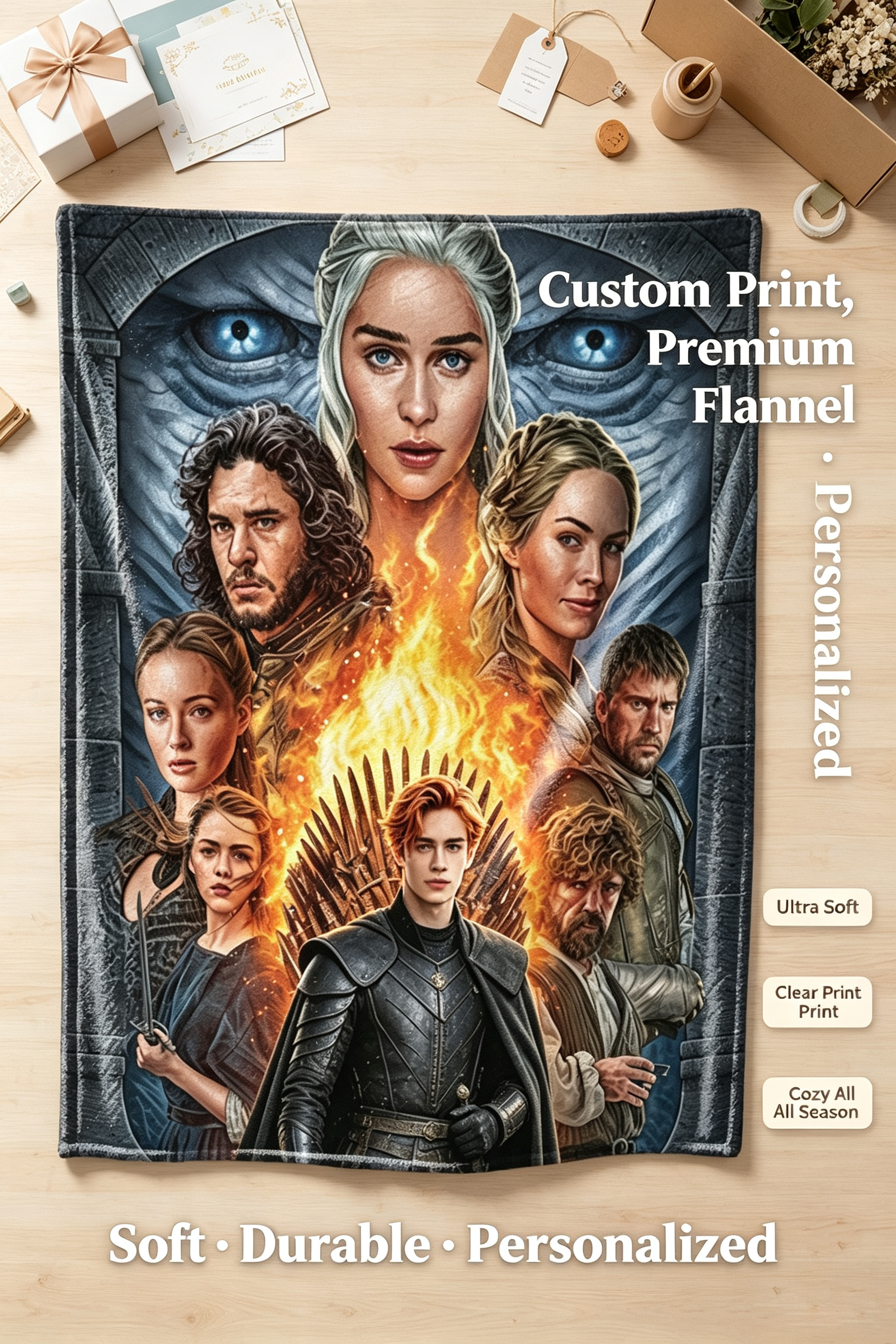 Custom Face Blanket Game of Thrones Flannel Blanket for Couch, Bed, or Travel – Perfect Gift or Giveaway for Fans