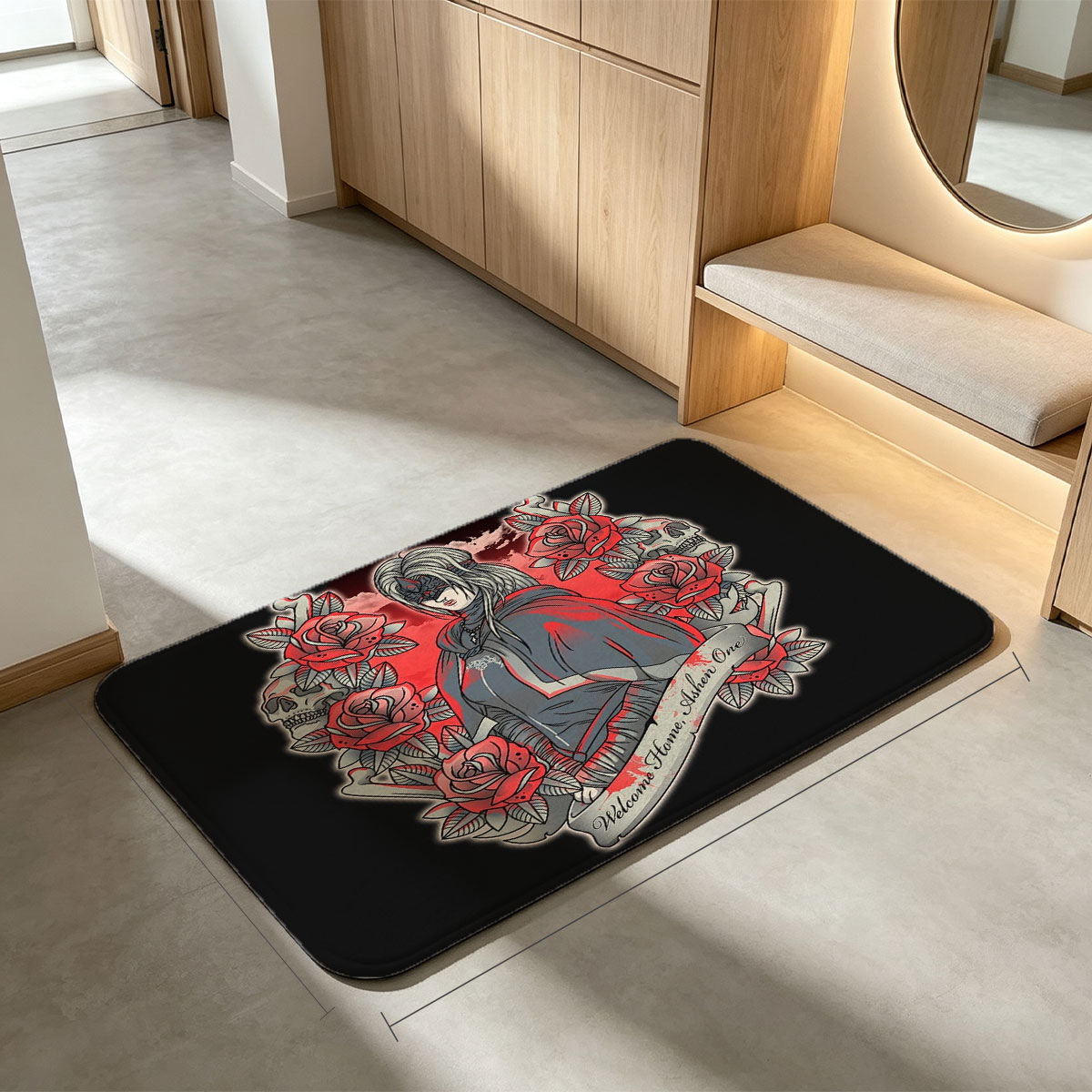 Welcome Home, Ashen One: A Mysterious Figure in a Red and Gray Cloak Surrounded by Roses and Skulls - Flannel floor mat