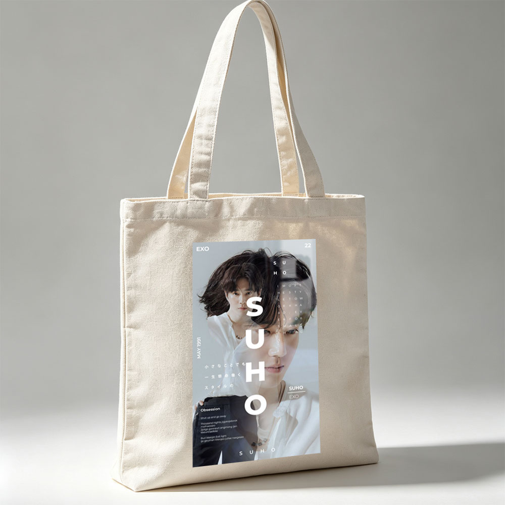 EXO Suho in a Minimalist Portrait with Overlaid Text and Soft Lighting - Canvas tote bags