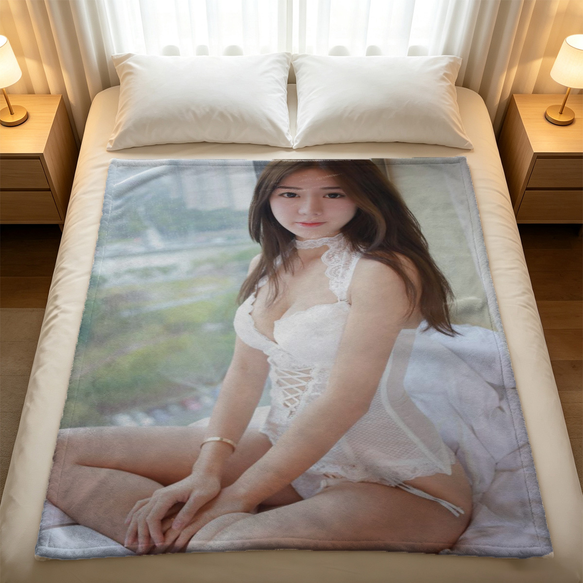A nude woman in white panties kneeling on a sofa, looking back. - Blanket