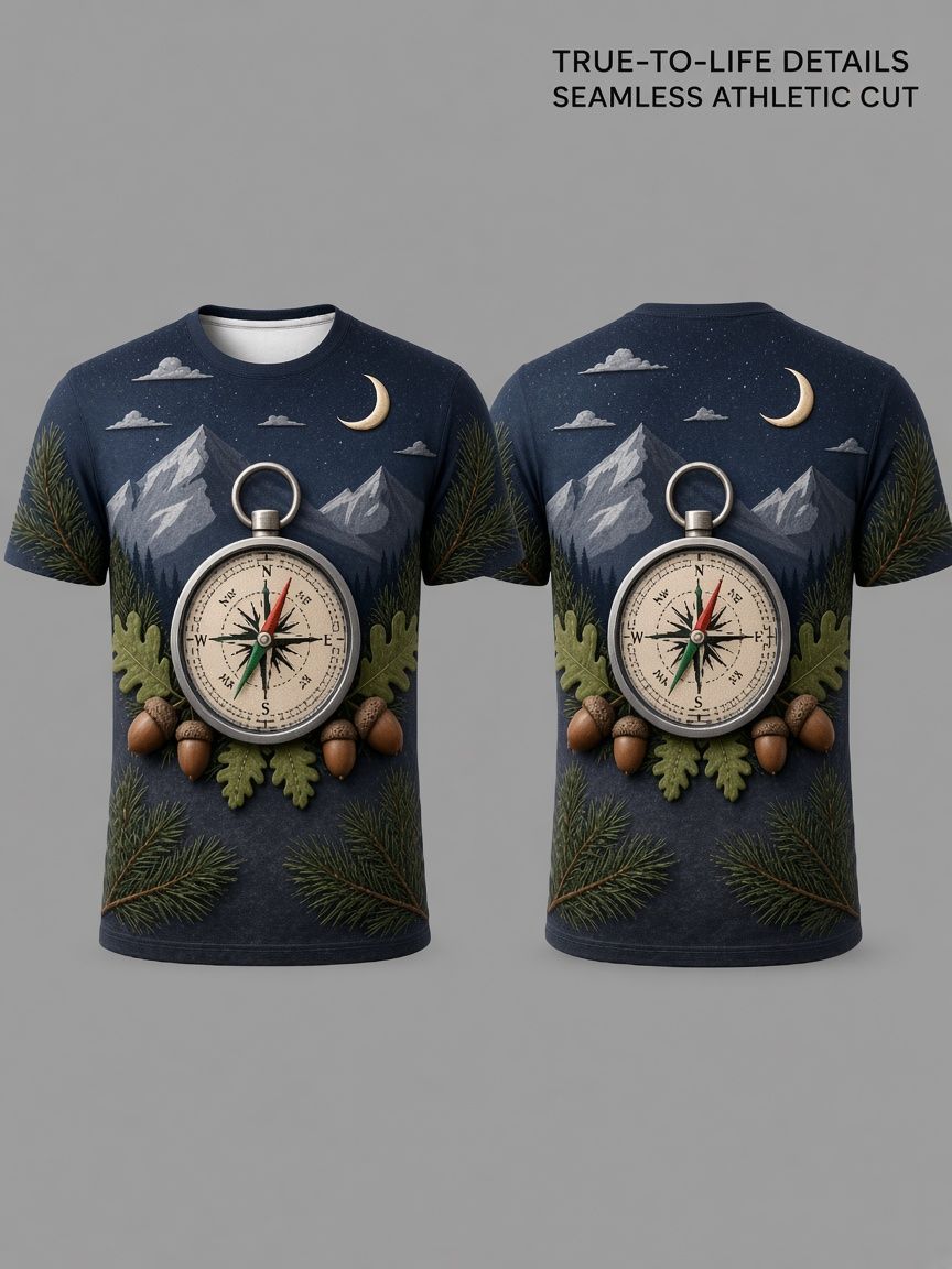 Vintage Compass 3D Optical Illusion Graphic Tee Breathable Athletic Mesh T-Shirt for Casual and Sports Wear