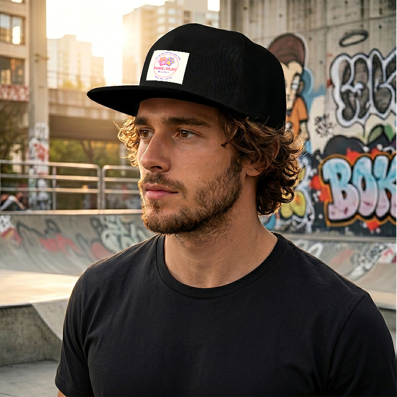 Flat Brim Baseball Cap Paws & Play Logo Print Streetwear Underground Skate Style for Basketball Court Skate Park Urban Lifestyle Skaters Rappers Streetwear Enthusiasts