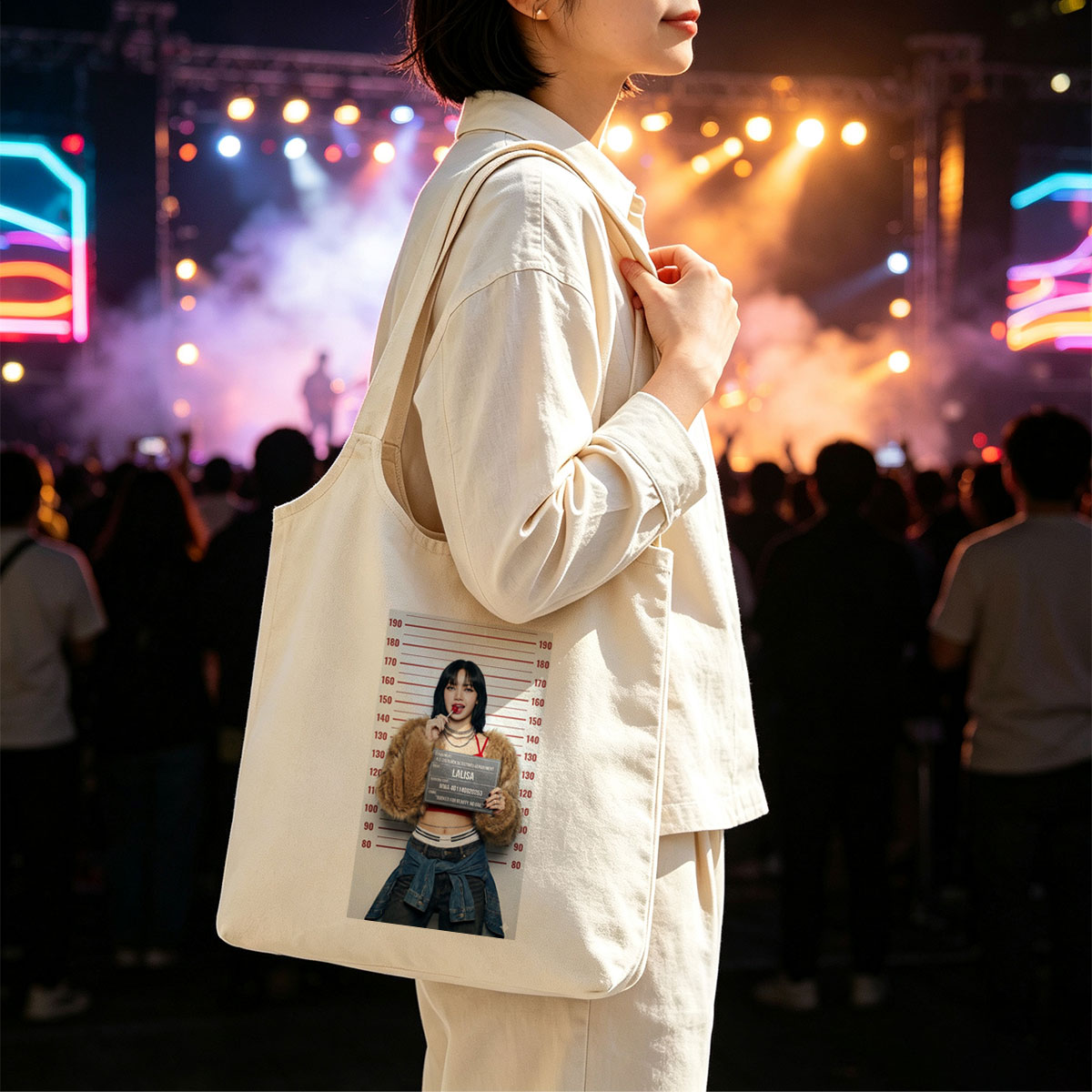 Lalisa Mugshot Scene - Black Hair, Red Lipstick, Fur Coat, and Denim Jacket in Front of Height Chart - Canvas shoulder bags/