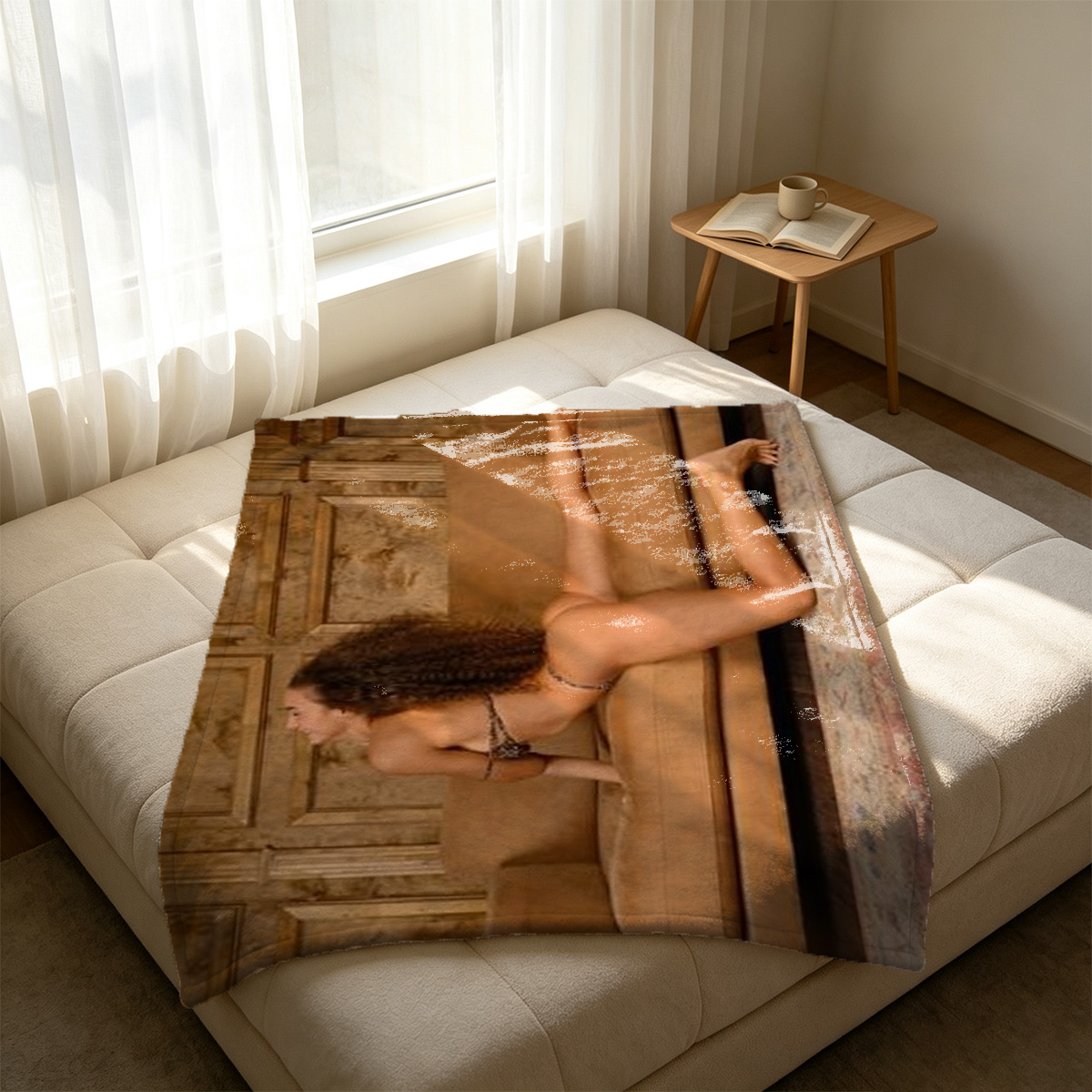 Blonde woman in black thong standing nude by wooden table. - Blanket