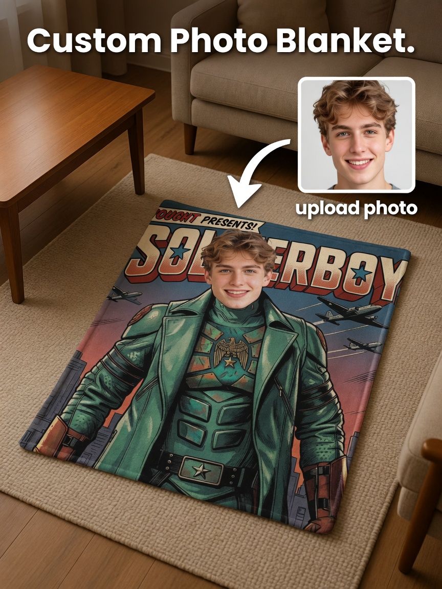 Personalized Custom Face Flannel Blanket Vintage Comic Hero Poster Ultra Soft Warm Throw for Couch Bed Travel Gift
