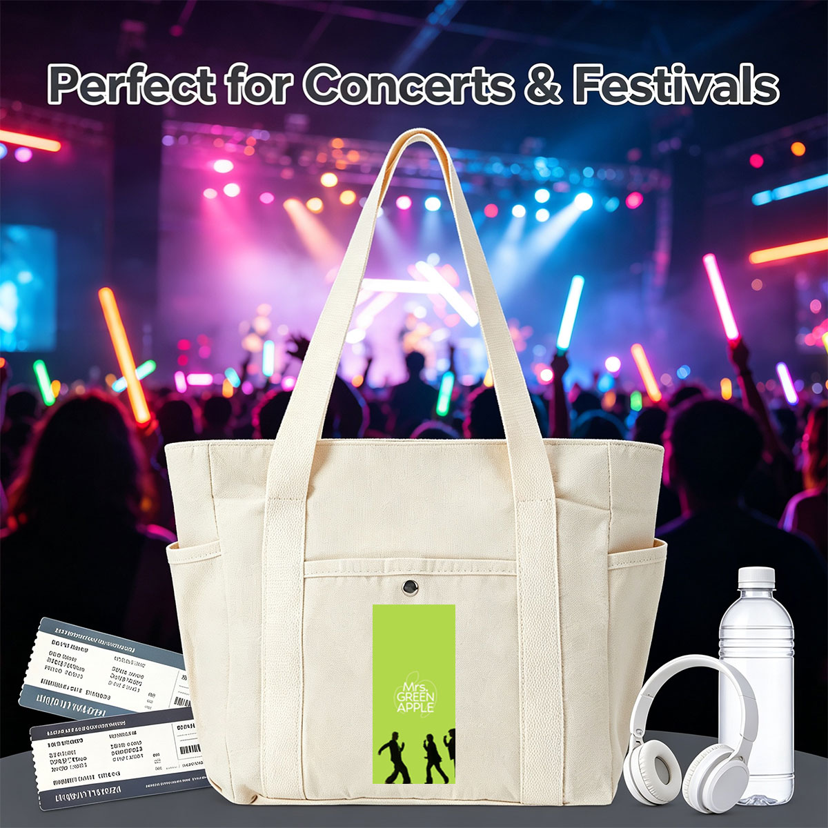 Mrs. GREEN APPLE Band Members Silhouettes Walking on Green Background - Multi-pocket bags