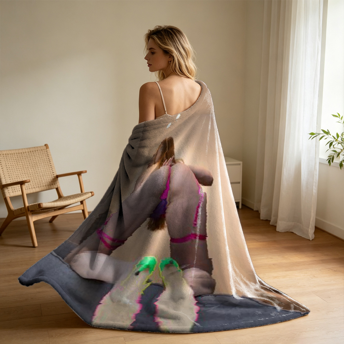 Two nude women embracing on bed, one with dark hair and arm tattoo, the other with long blonde hair. - Blanket