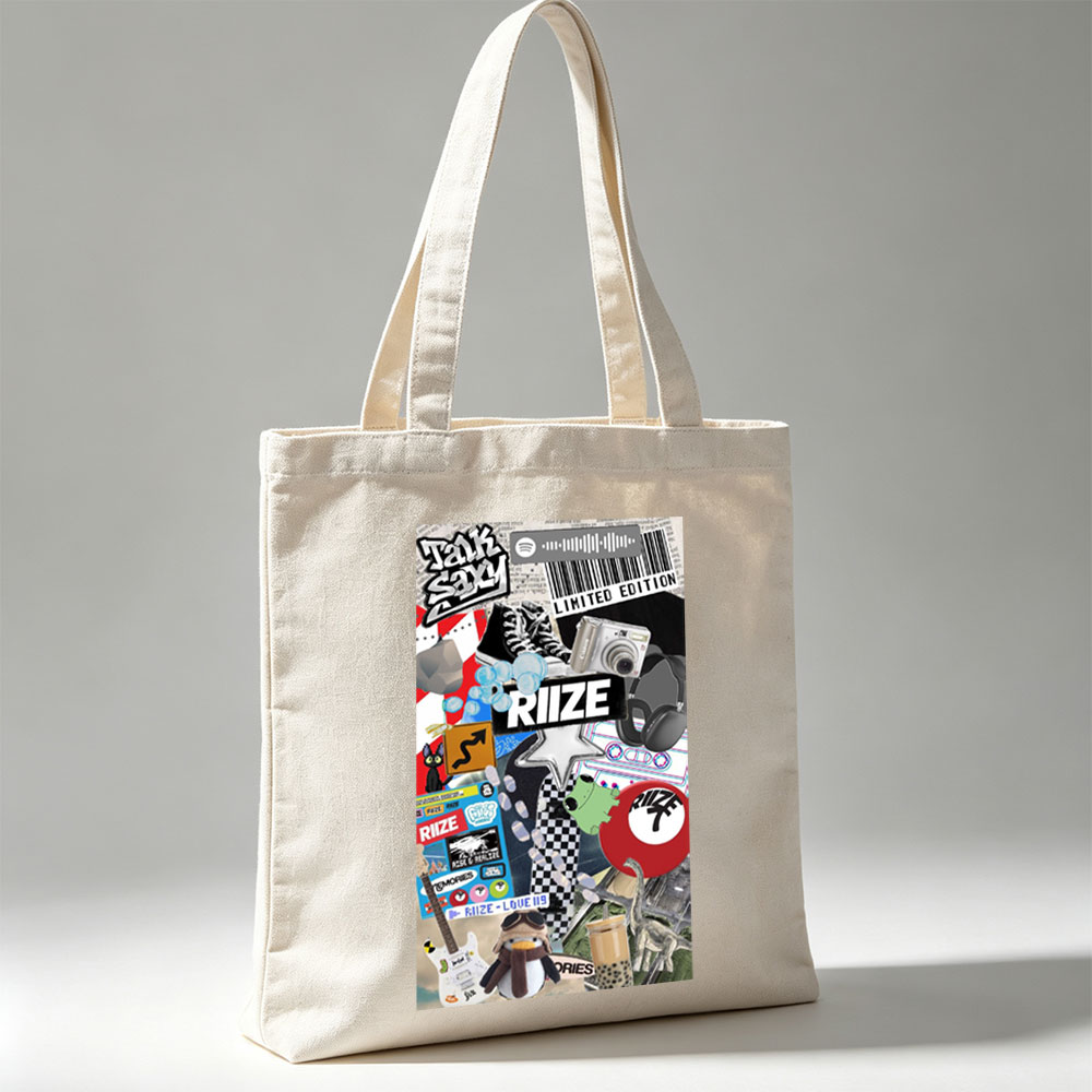 RIIZE Music Collage Featuring Band Merch, Camera, Sneakers, and Pop Culture Elements - Canvas tote bags