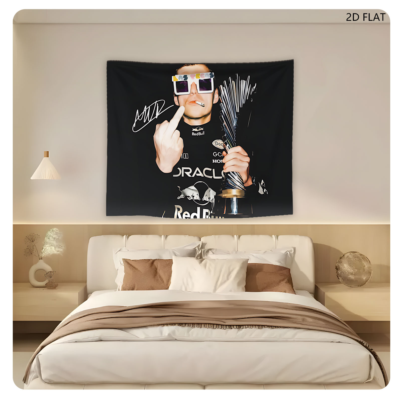 Max Verstappen in Red Bull Racing Gear, Holding Trophy and Wearing Las Vegas Sunglasses - Tapestry