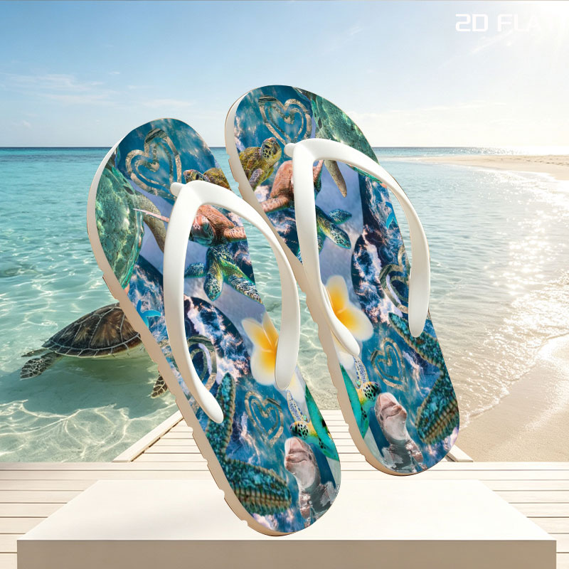 Turtles, stars, and flowers in a heart-filled ocean scene -  flip-flops