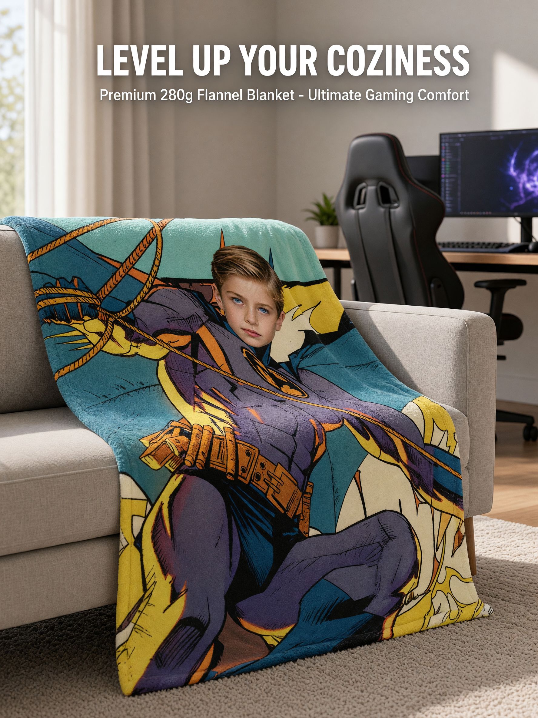 Custom Face Photo Blanket Personalized Superhero Comic Flannel Fleece Throw, Ideal Cozy Gift for Kids and Family