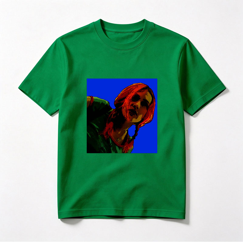Red-Haired Woman in Green Top Against Blue Background - Tee