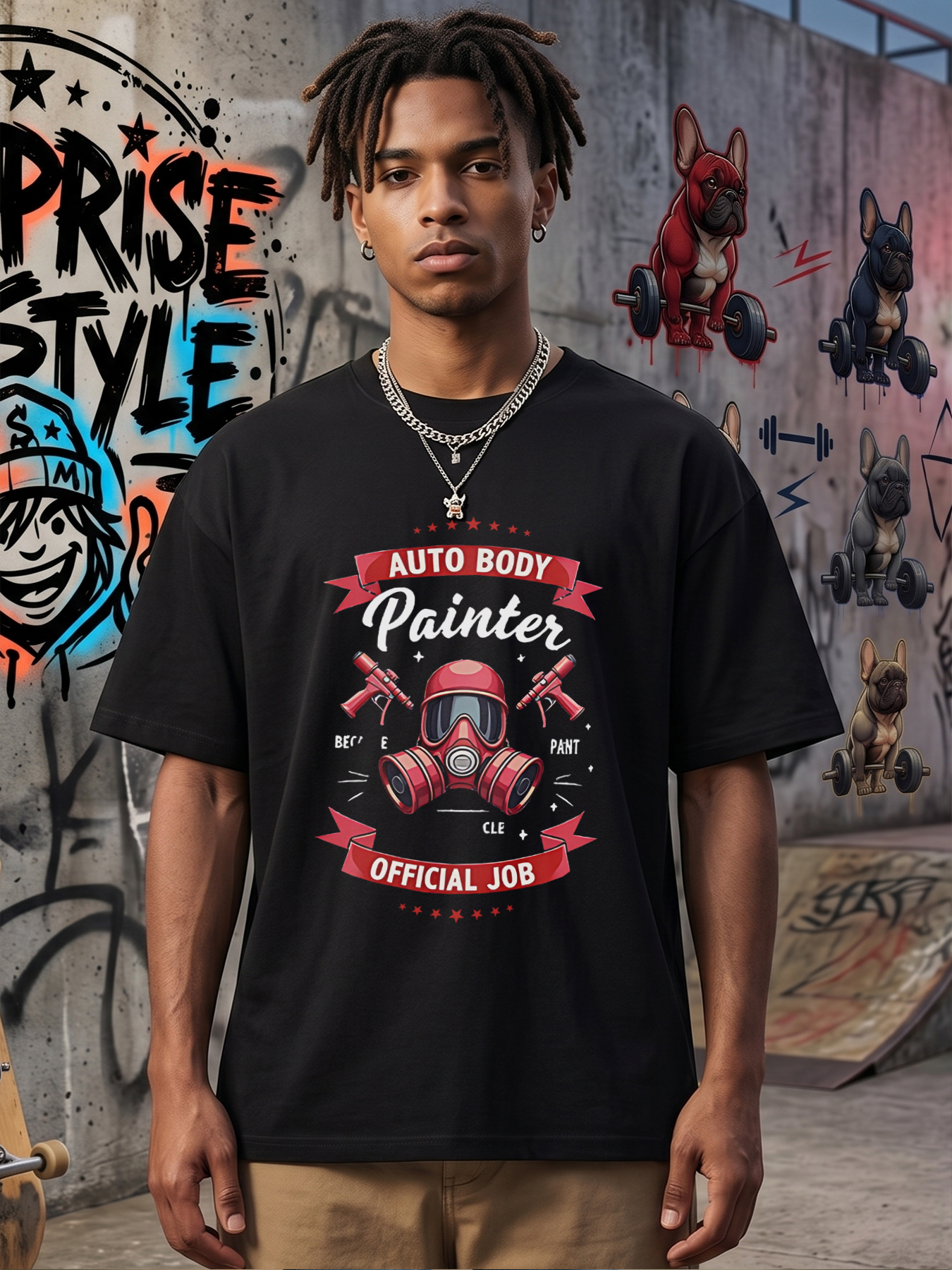 Men's Auto Body Painter Print T-Shirt with Red Respirator and Spray Gun Design, Casual Round Neck Lightweight Breathable Summer Short Sleeve Tee for Automotive Workers and Car Enthusiasts