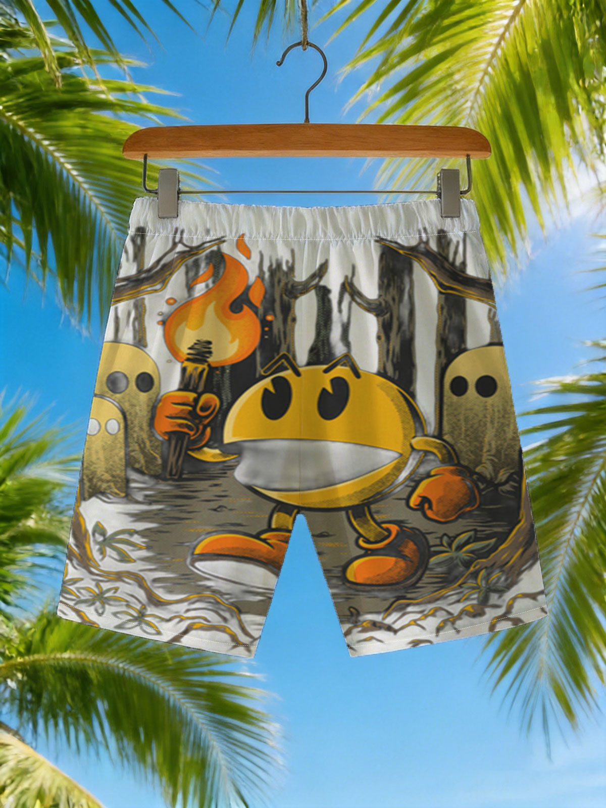 Pac-Man in the Haunted Forest with Ghosts and Torch -  Beach shorts