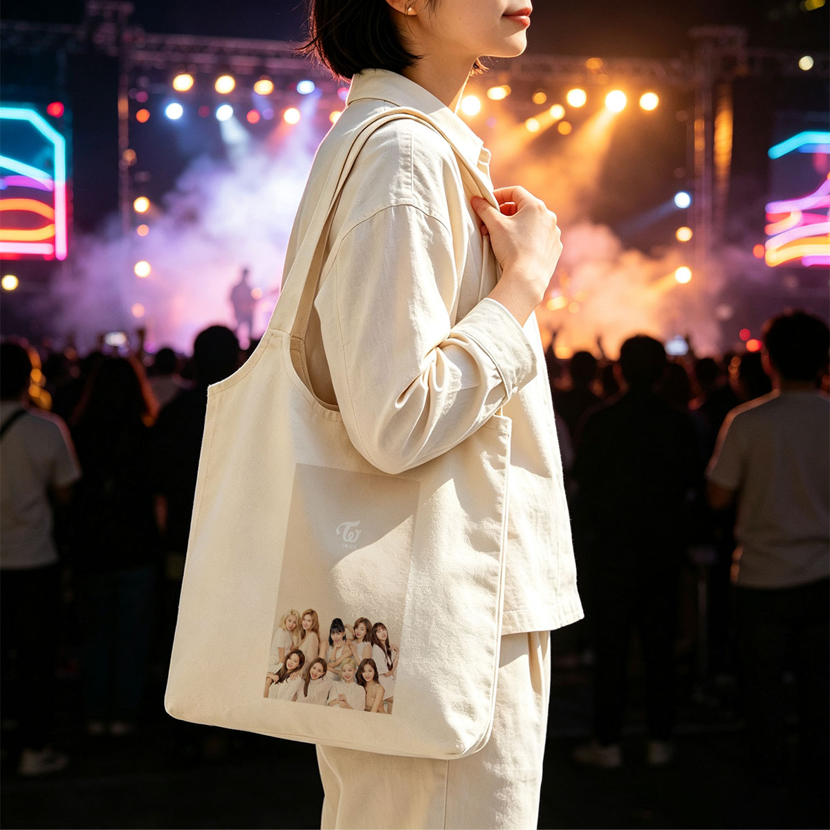 TWICE Group Photo in White Outfits on Beige Background - Canvas shoulder bags/