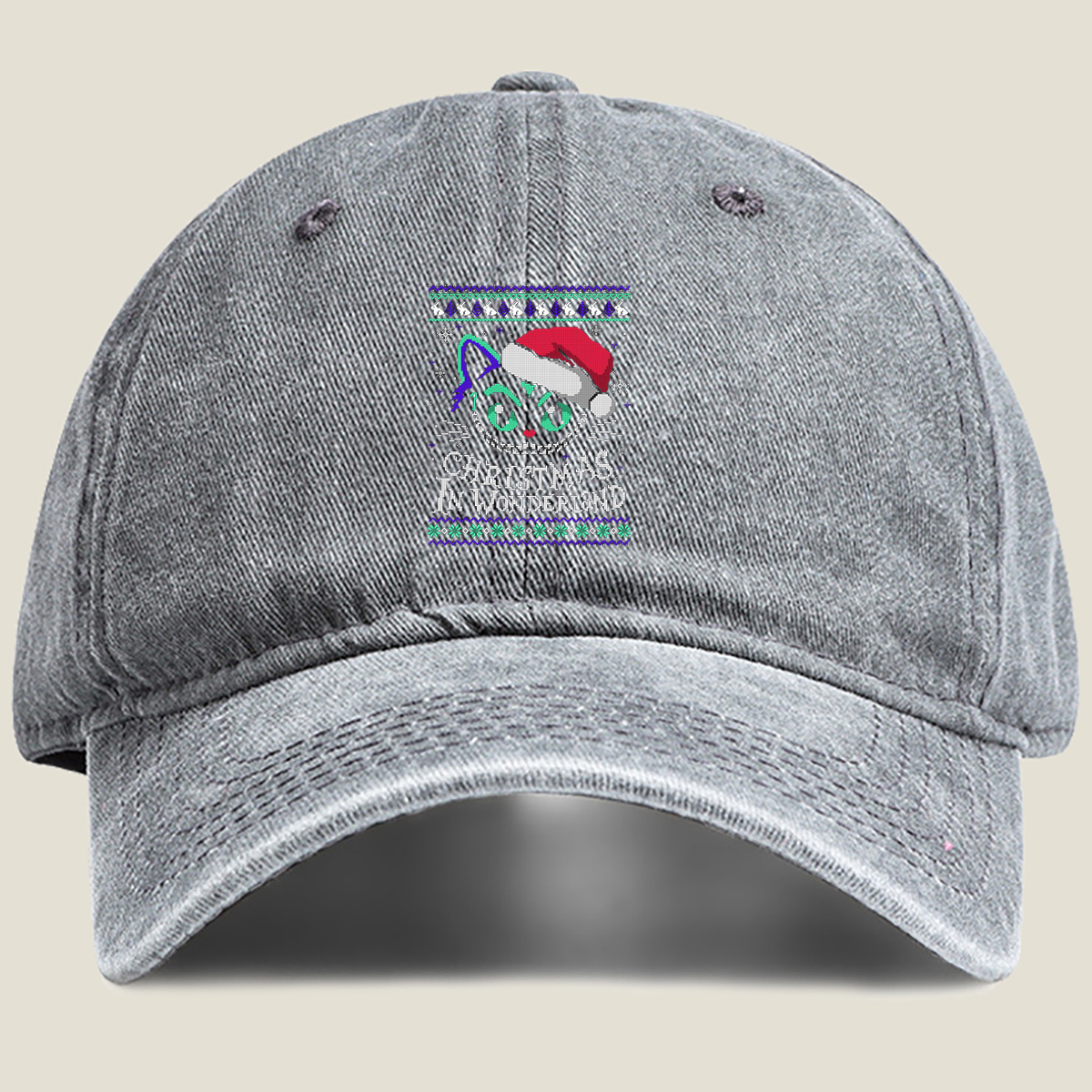 Christmas in Wonderland: Cheshire Cat Ugly Sweater Design - Washed Denim - Baseball Cap
